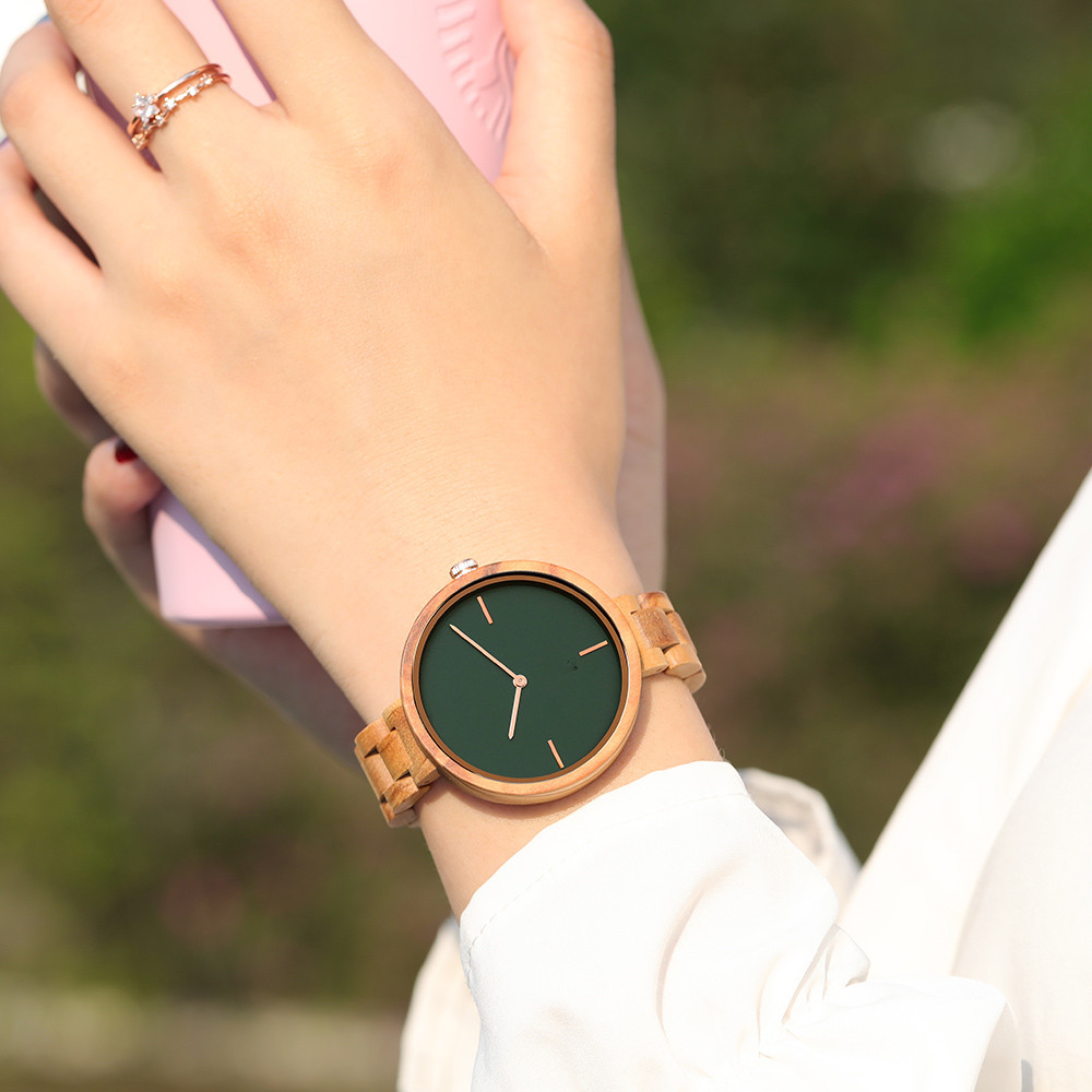 Minimalist Japan Quartz Green Olive Wood Watch For Women