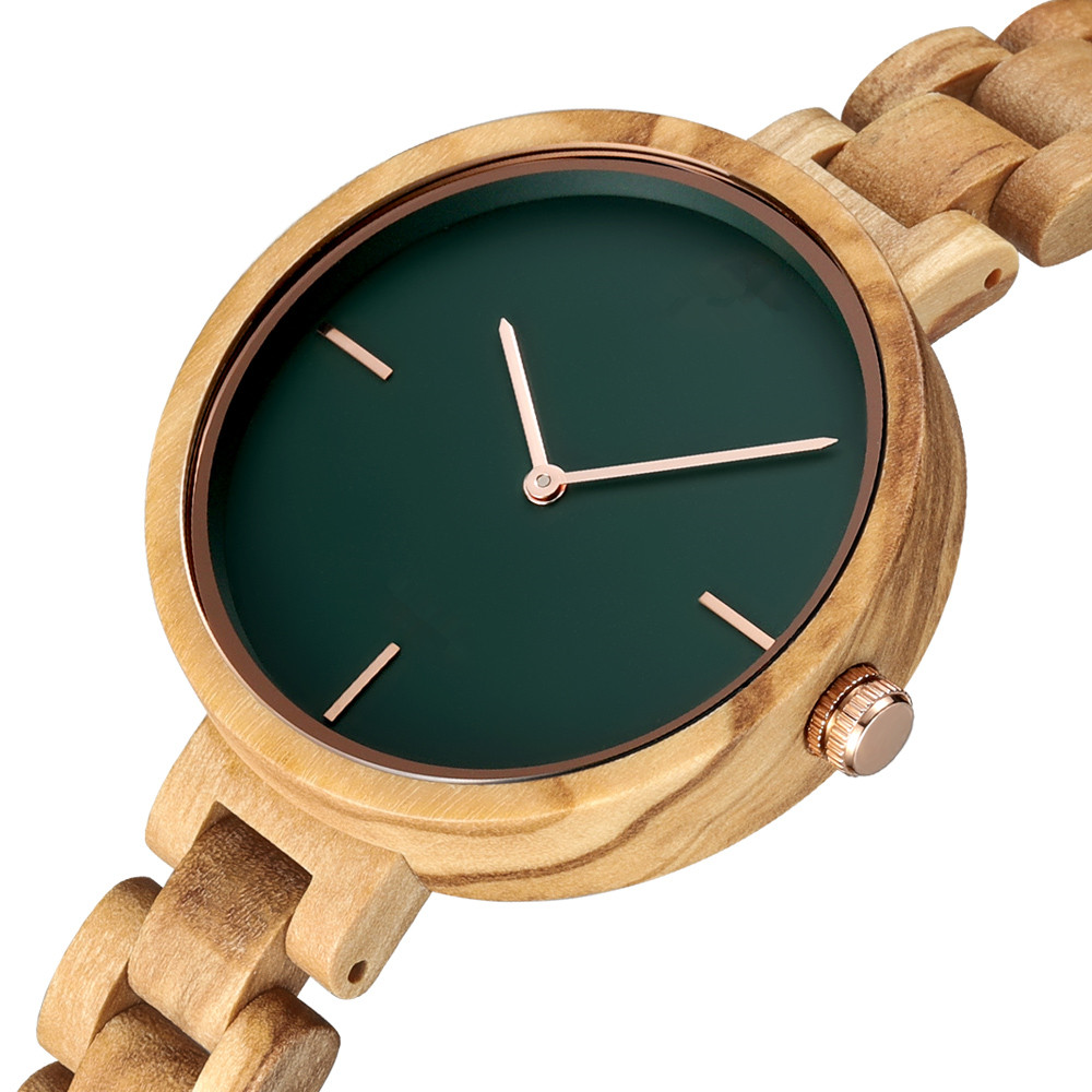Minimalist Japan Quartz Green Olive Wood Watch For Women