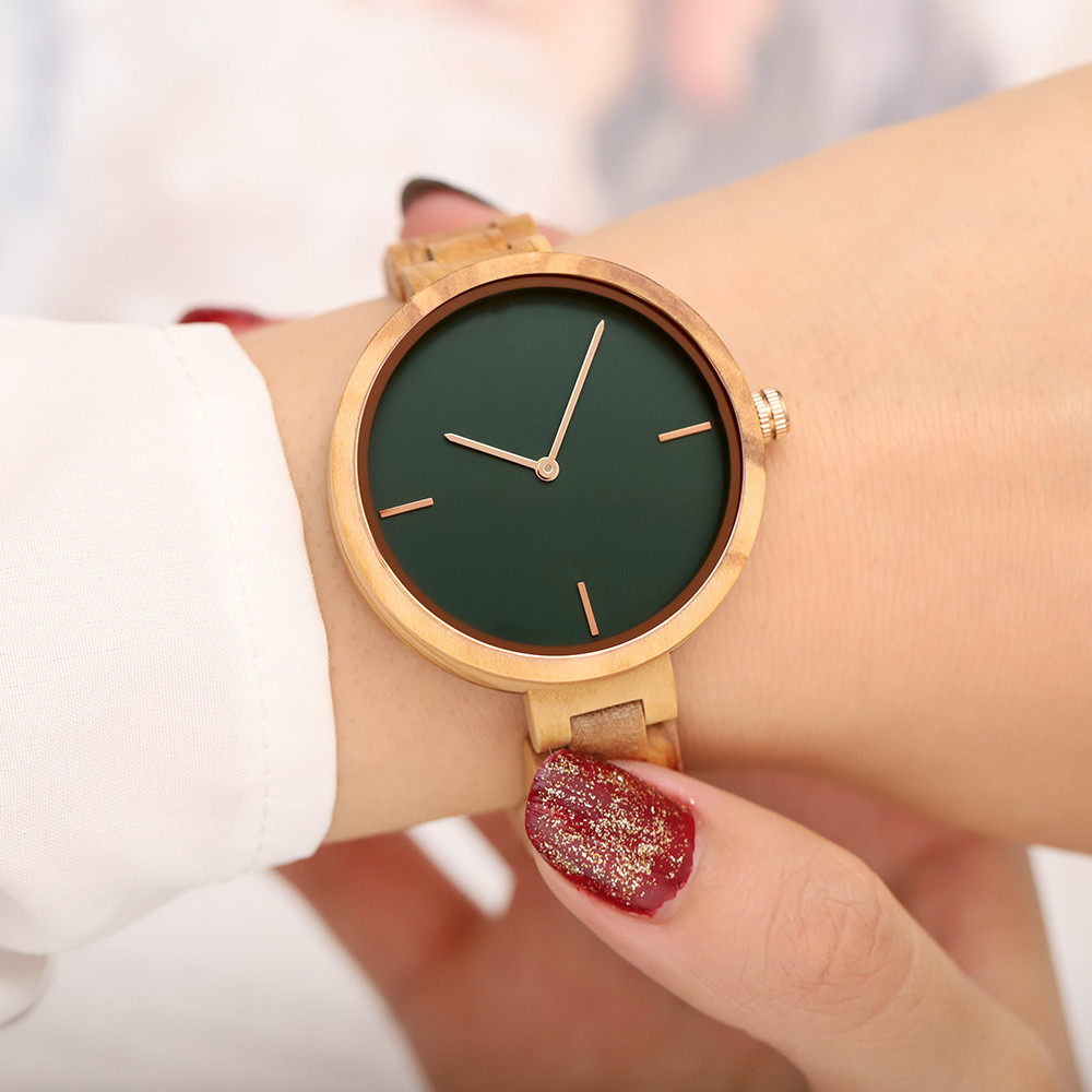 Minimalist Japan Quartz Green Olive Wood Watch For Women