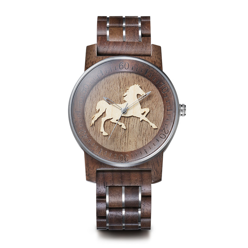 Custom Logo OEM 3D Engraved Horse Steel Wood Watches Men Montre En Bois