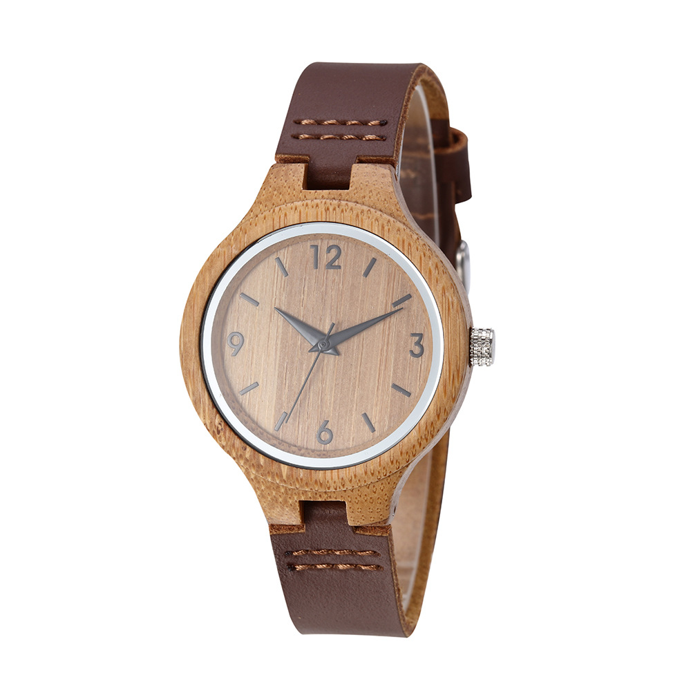 Stylish Leather Strap Ladies Bamboo Wood Watch Reloj De Madera