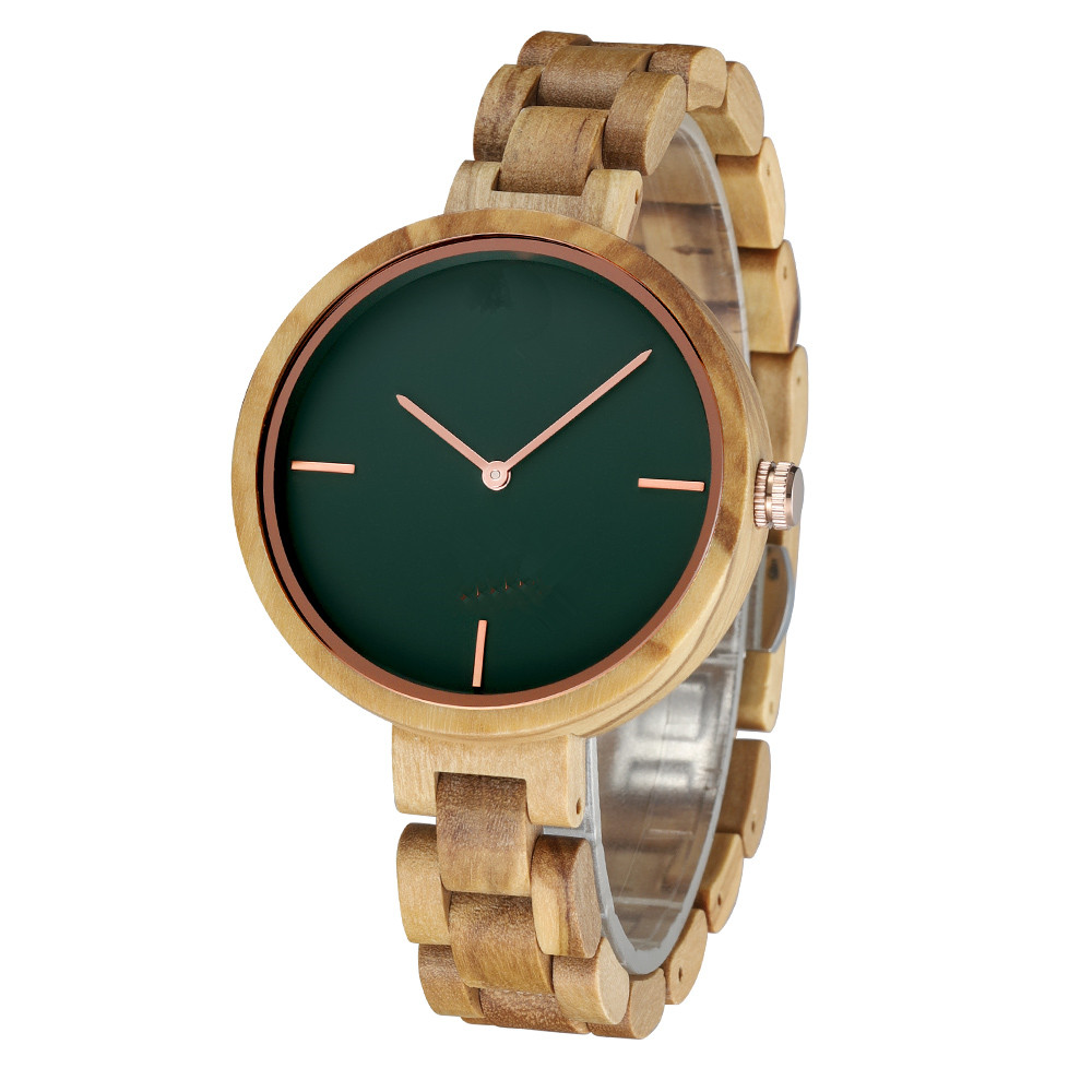 Minimalist Japan Quartz Green Olive Wood Watch For Women